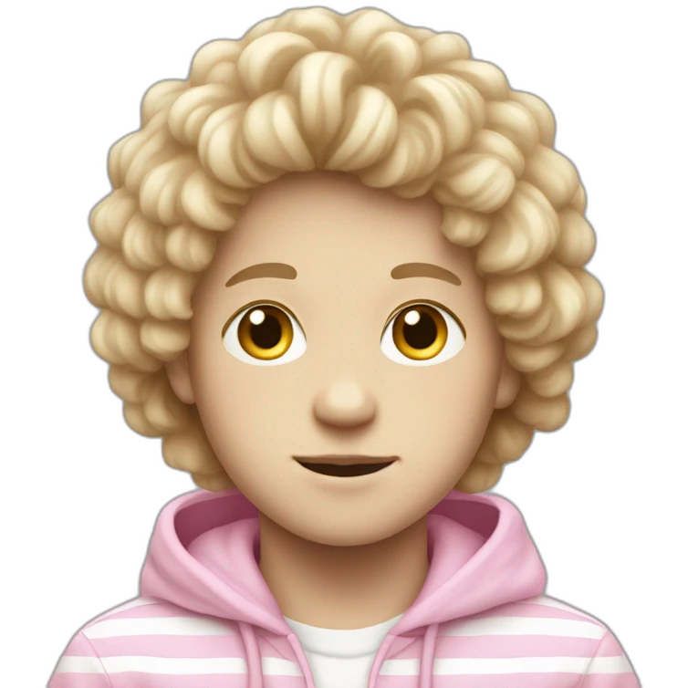 Pale boy, with fluffy hair and wearing a white hoodie with pink stripes emoji