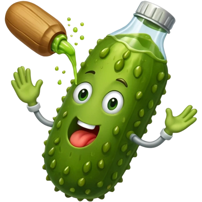 a cartoon pickle with juice squirting from the top of it, being squeezed by a hand emoji