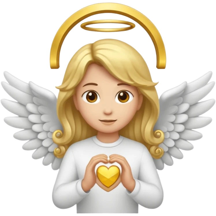"Um emoji de anjo com cabelos loiros, um halo, asas, segurando um sinal de 'compartilhar' em letras em negrito." emoji