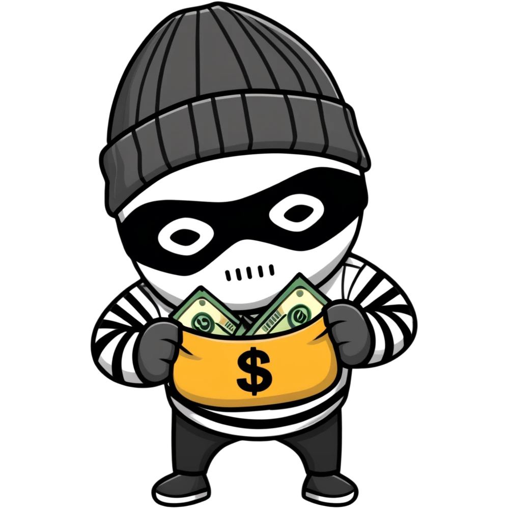burglar wearing black and white striped shirt, black beanie, black mask over eyes, holding a moneybag emoji