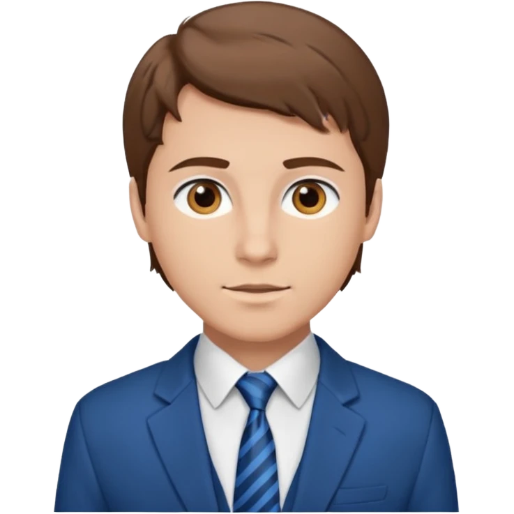un homme type caucasien brun plutôt jeune avec des jolies traits avec une chemise blanche et une veste a manche longues et cravate bleu il a les yeux marron emoji