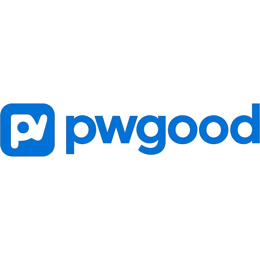 modern logo for 'pwgood' with bold sans-serif lettering, blue and white color scheme emoji
