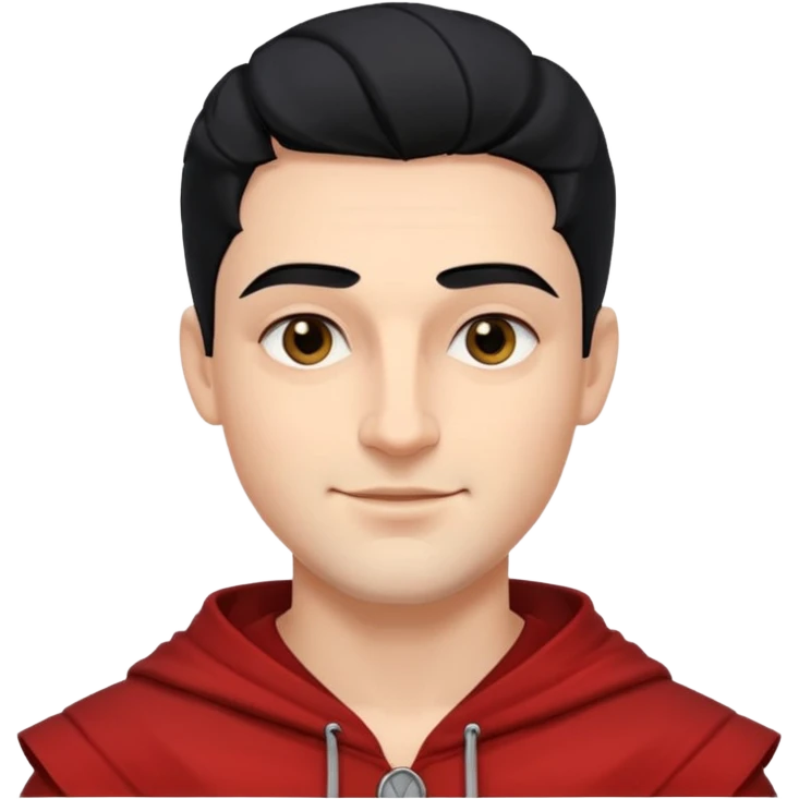 A handsome man with fair complexion. masculine, roman, slightly crooked nose. Thick triangular eyebrows. Hooded eyes and black pupils.  smily lips with a heavy top lid.  thick black hair  80/20 part with an undercut.  emoji