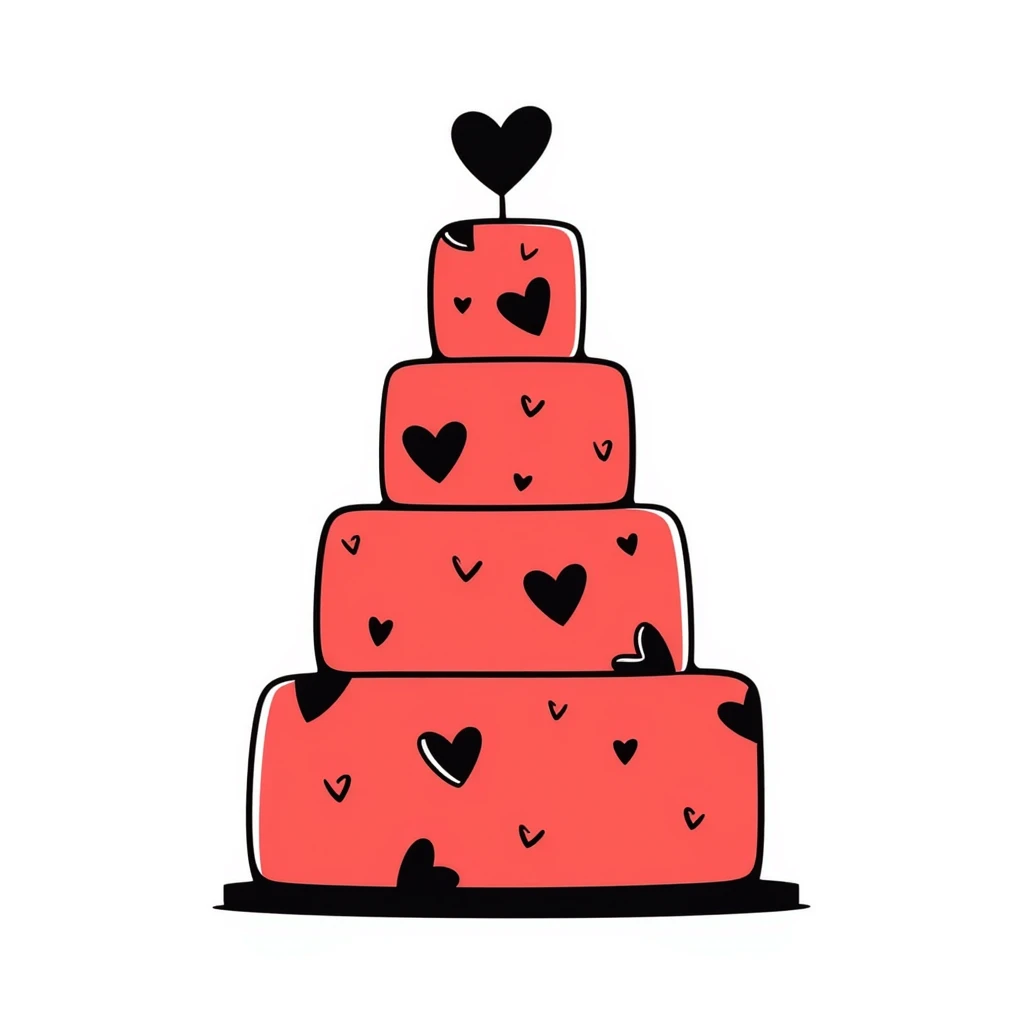 Hand-drawn red wedding cake with decorative layers and small heart details emoji