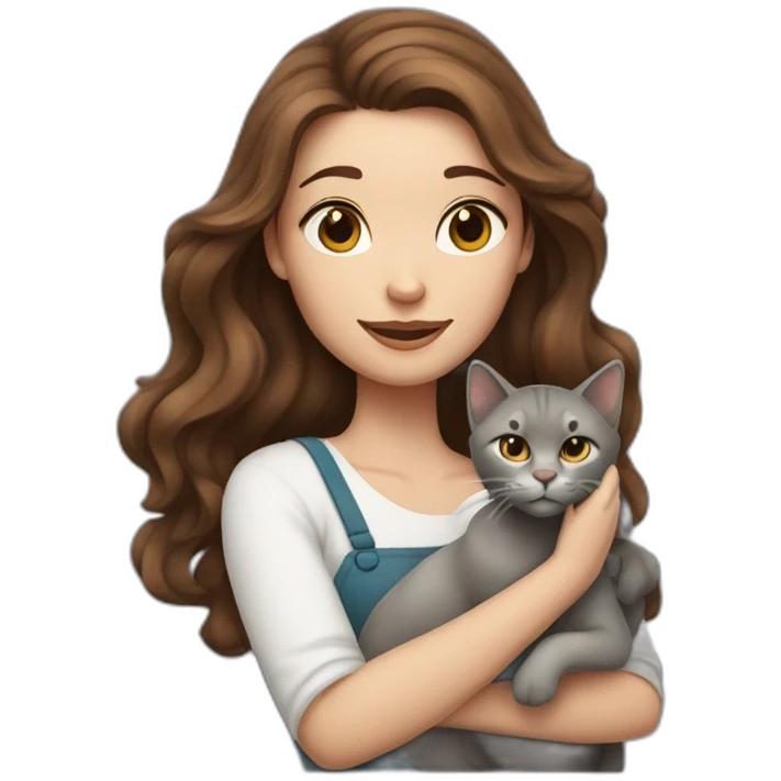 A wite skin woman with wavy brown hair holding a grey cat emoji