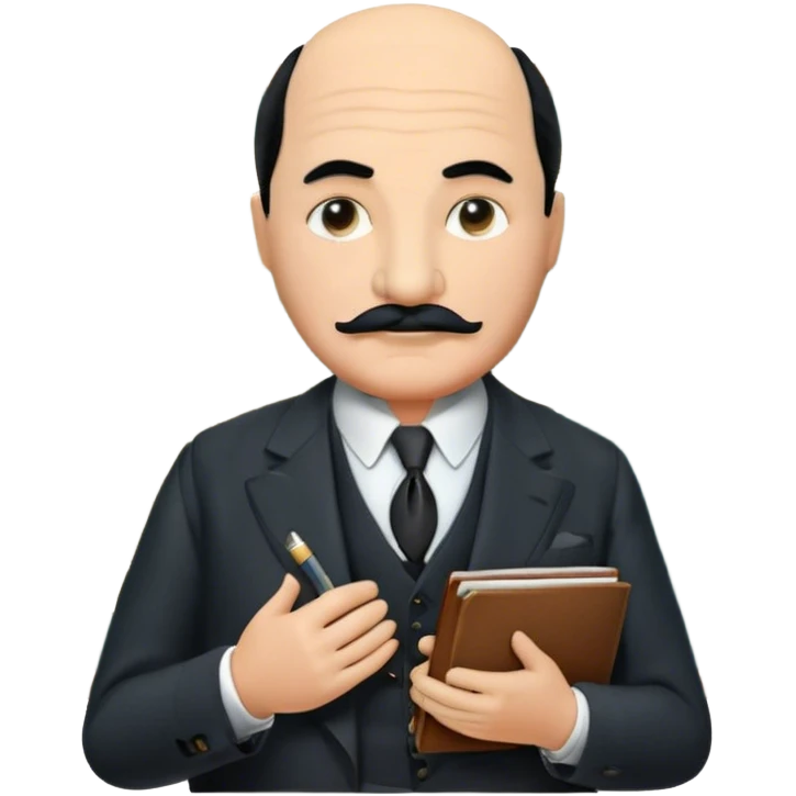 A cinematic-style frame showing Hercule Poirot in his iconic suit with a notebook in a dramatic detective pose. Background should be mysterious city, map, a board with photos of suspects, clues like fingerprints. Transparent background. emoji