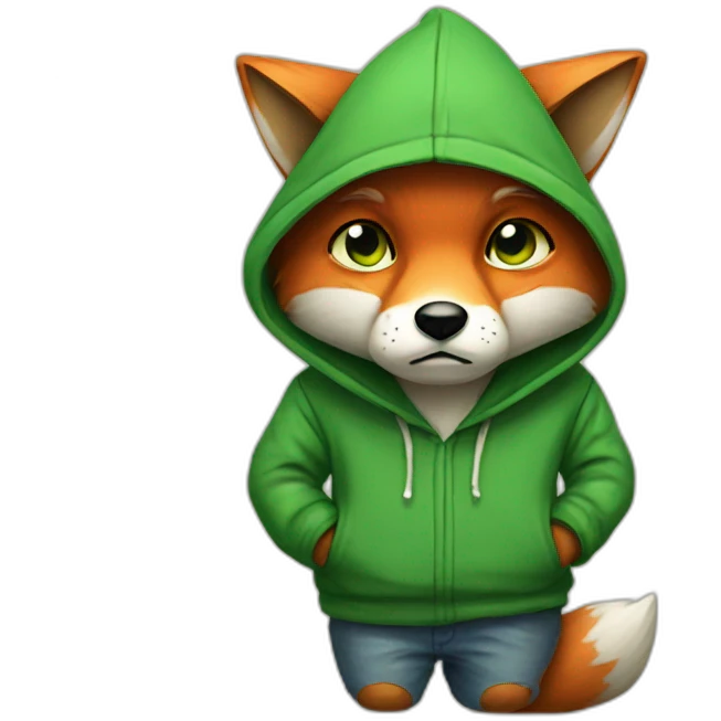 A sad fox with one eye and a green hoodie emoji