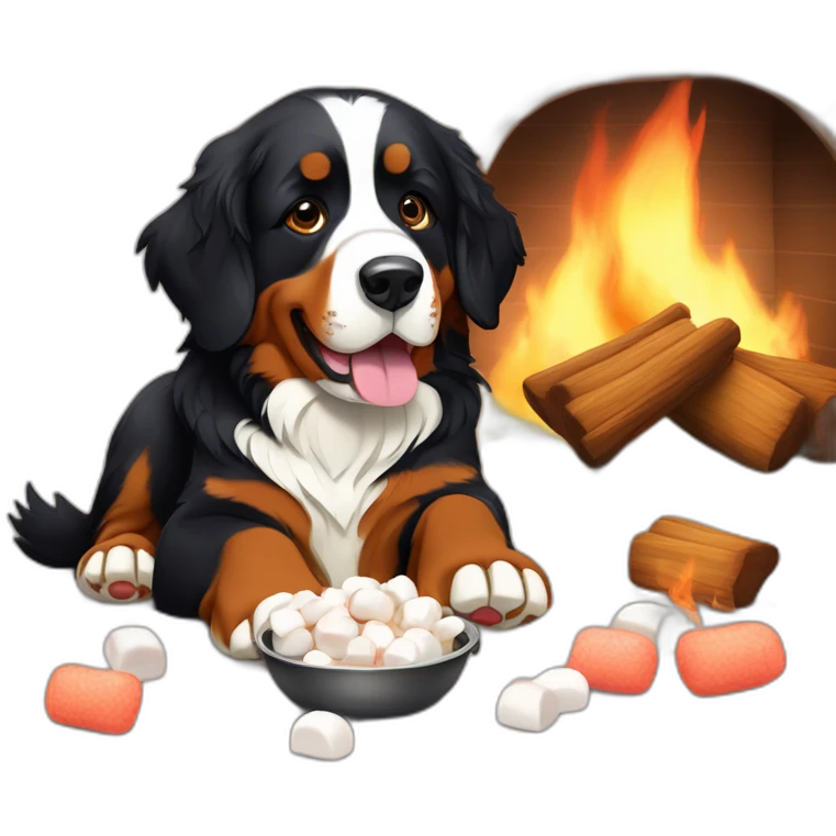 bernese mountain dog eating marshmallows cooked over fire place emoji