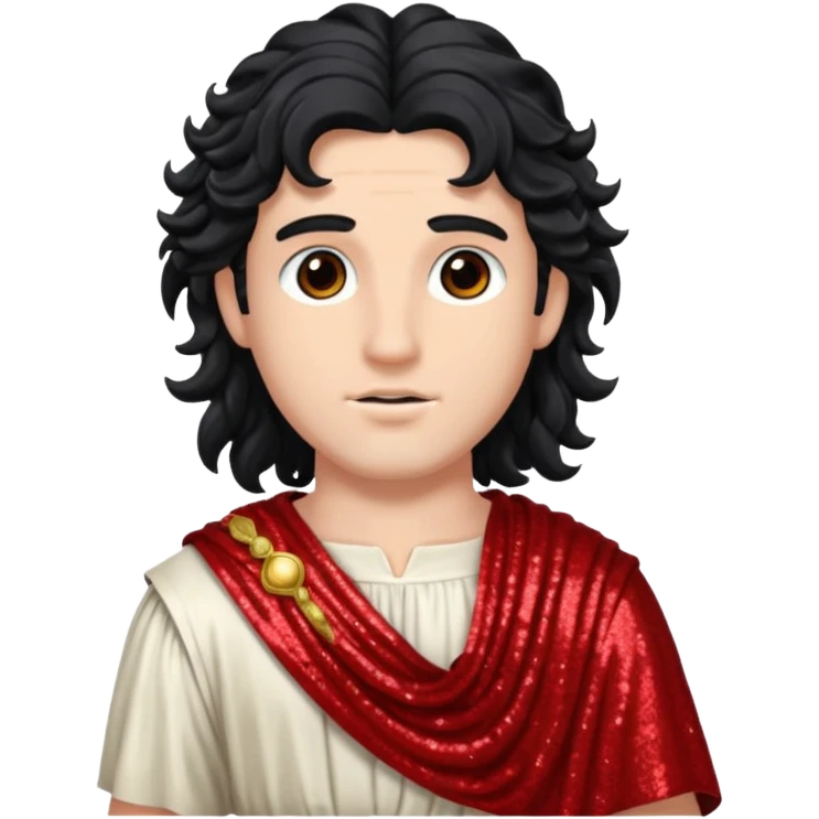 Adonis, God of Beauty from Roman Deities with long black wavy hair, red sequin toga emoji