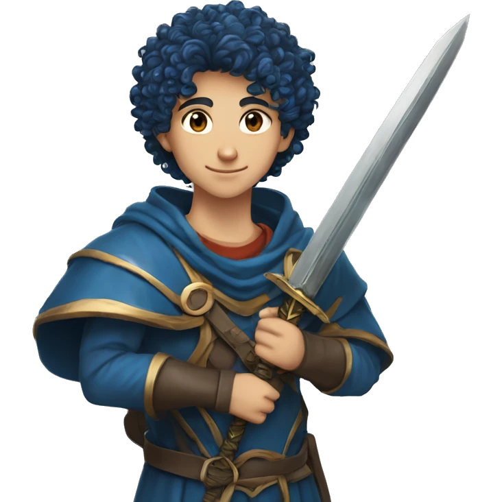 a 5'8" 13 years old lebanese, christian teenage boy with curly, slightly dark blue hair. He wields a sword of the same color as his hair, and wears an armor of the same color. emoji