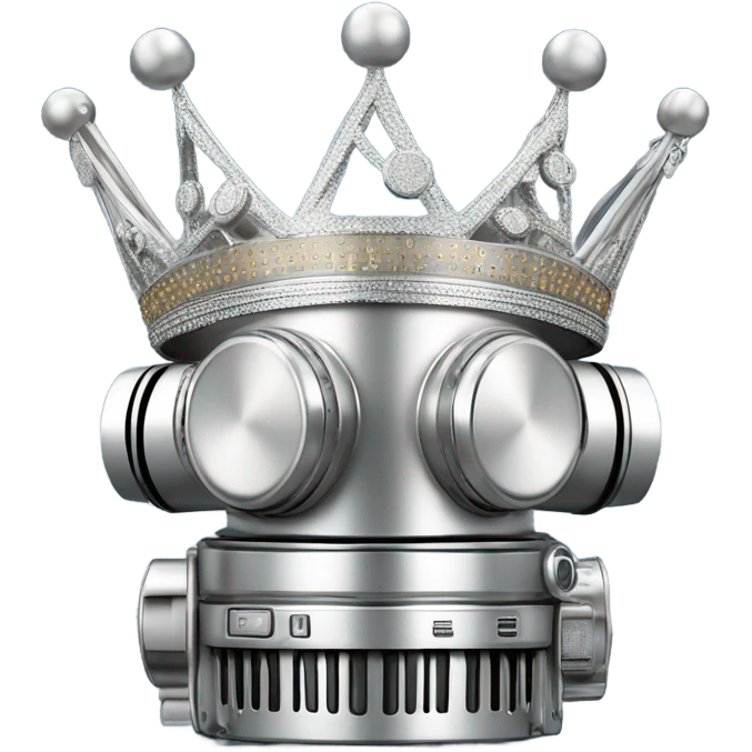 A regal crown made of microphones, cameras, and headline elements, glowing in platinum with dynamic accents, symbolizing five years of unparalleled loyalty emoji