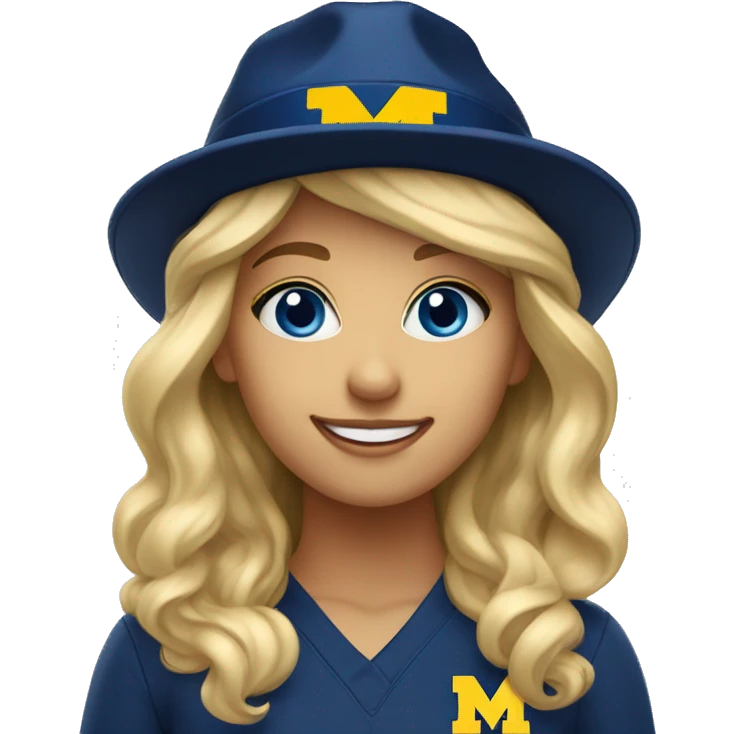 Blonde girl with blue eyes smiling wearing University of Michigan hat emoji