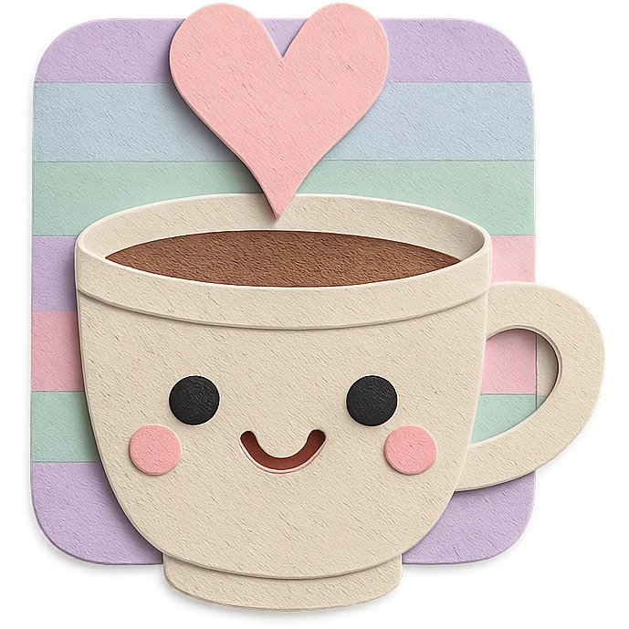 kawaii coffee cup with heart-shaped steam, pastel striped background emoji