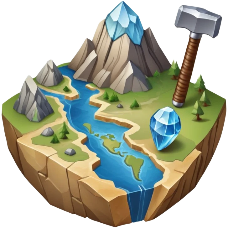 An icon featuring a rock hammer, a fossil, and a geological map, symbolizing geology. The design includes layers of the Earth, a crystal, and a mountain range, representing the study of Earth's structure, materials, and natural processes. Transparent background highlights geological research emoji