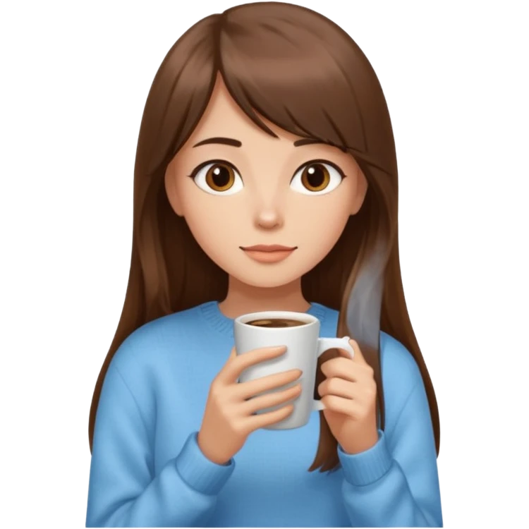 A girl with elongated bangs and long brown hair drinks coffee  emoji
