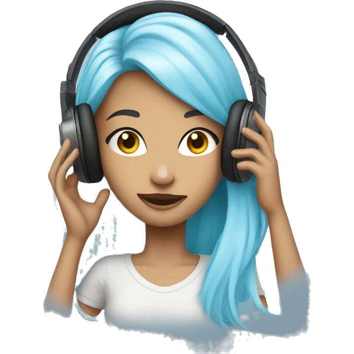 young woman with long light blue hair, listening music, wearing headphones, emoji