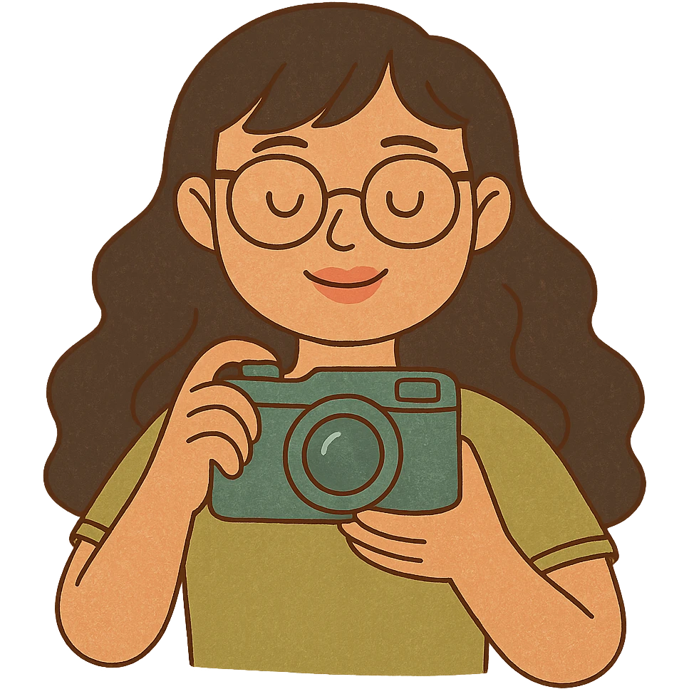 young woman with long wavy black hair, bangs, black glasses, pink lip gloss, holding a teal camera, toothless smile, light moss green shirt, flat colorful style emoji