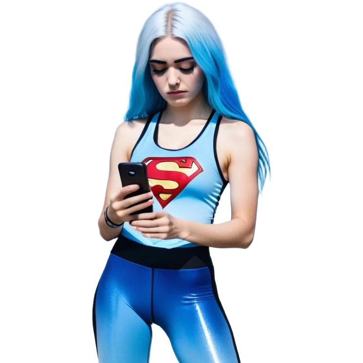 Shameful disappointed crying-very very very very big chest-texting on a samsung cell phone-very long straight flowing black to sky blue hair ombre-blue eyes-black eyeliner-long eyelashes-plastic sparkling sky blue very low cut tank top with sparkling superman logo-black leggings-nike sneakers emoji