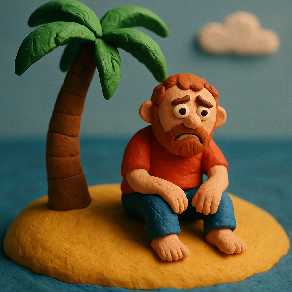 stranded man on a sandy island with palm tree in claymation style emoji