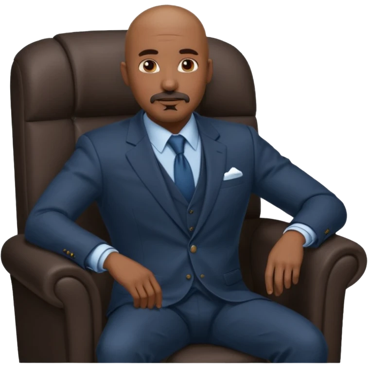 Black man, bald, in a suit, sitting on a chair in the office, goatee mustache emoji