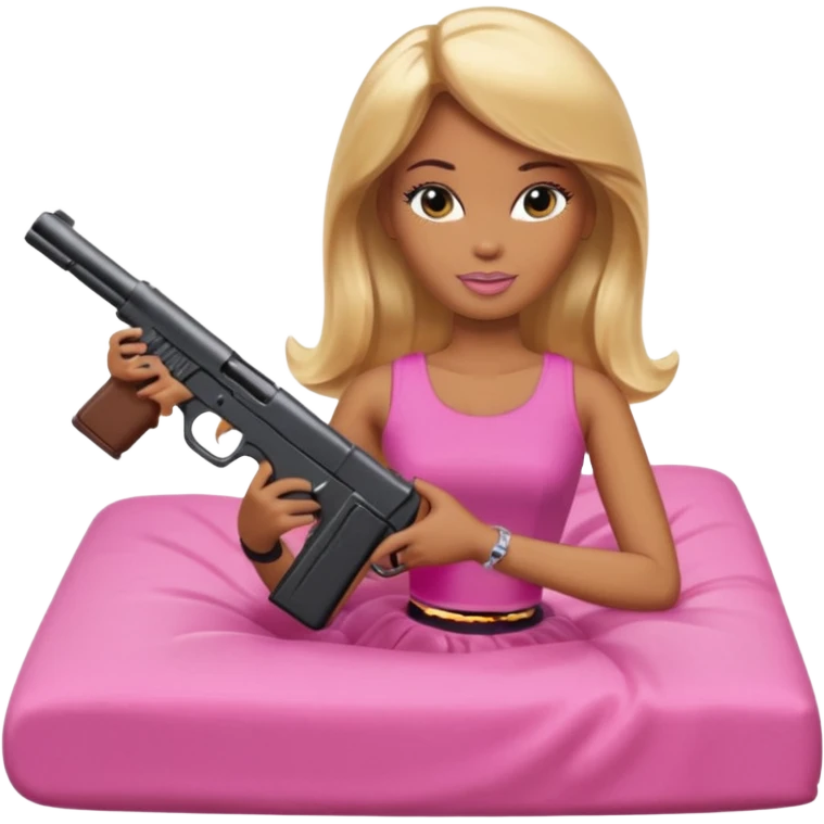 Brown skin blonde hair barbie laying in bed holding a black gun emoji