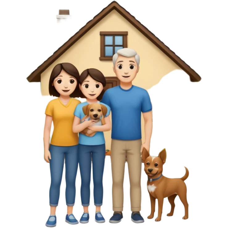 a mom and dad standing in front of a house with their son and a dog next to them (1 dog) and 1 SON not daughter emoji