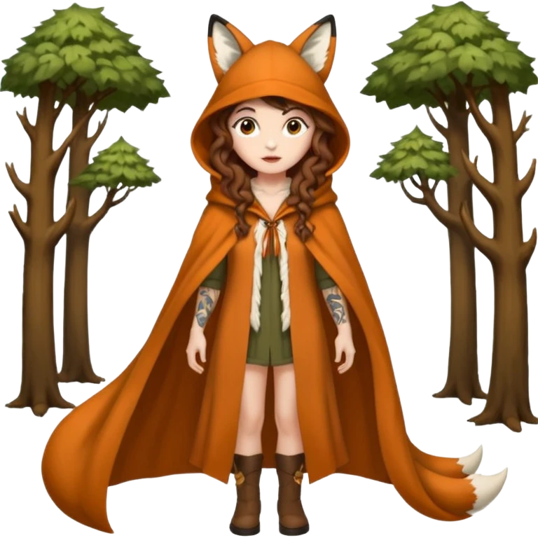 full body woman long curly brown hair brown eyes white skin tattoos wearing fox ear hat and open forest cloak, confident stance emoji