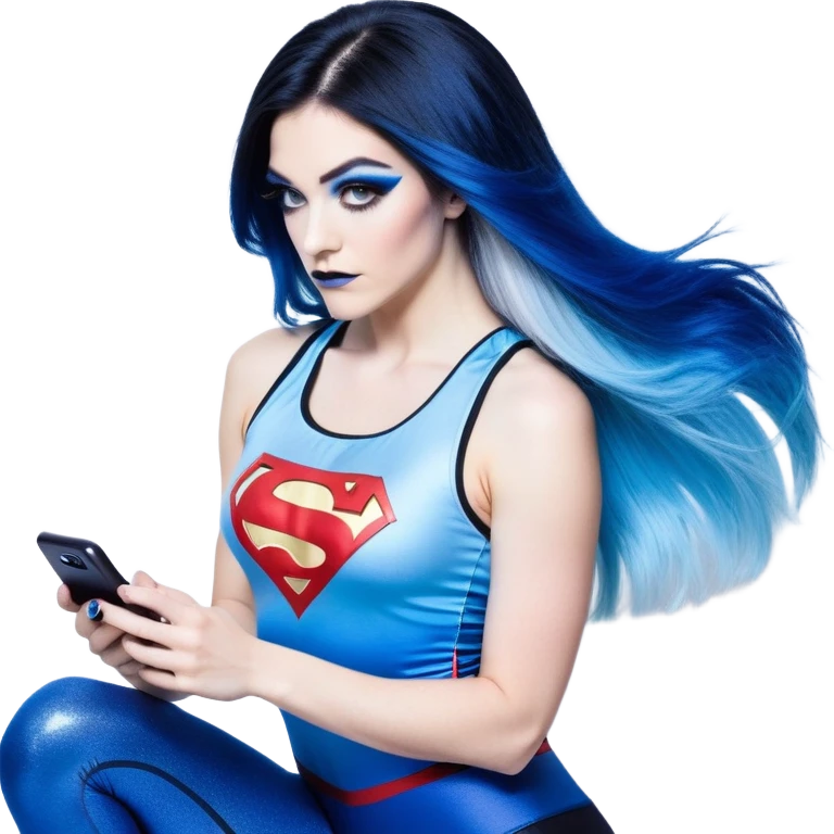 Shameful-head tilted-texting on phone-very very very large upper body-sexy face-bending forward at waist-very long very straight dark blue to light blue ombre hair-and-blue eyes-thick black eyeliner-thick long eyelashes-iridescent blue lowcut tanktop with black leggings with glitter superman logo emoji