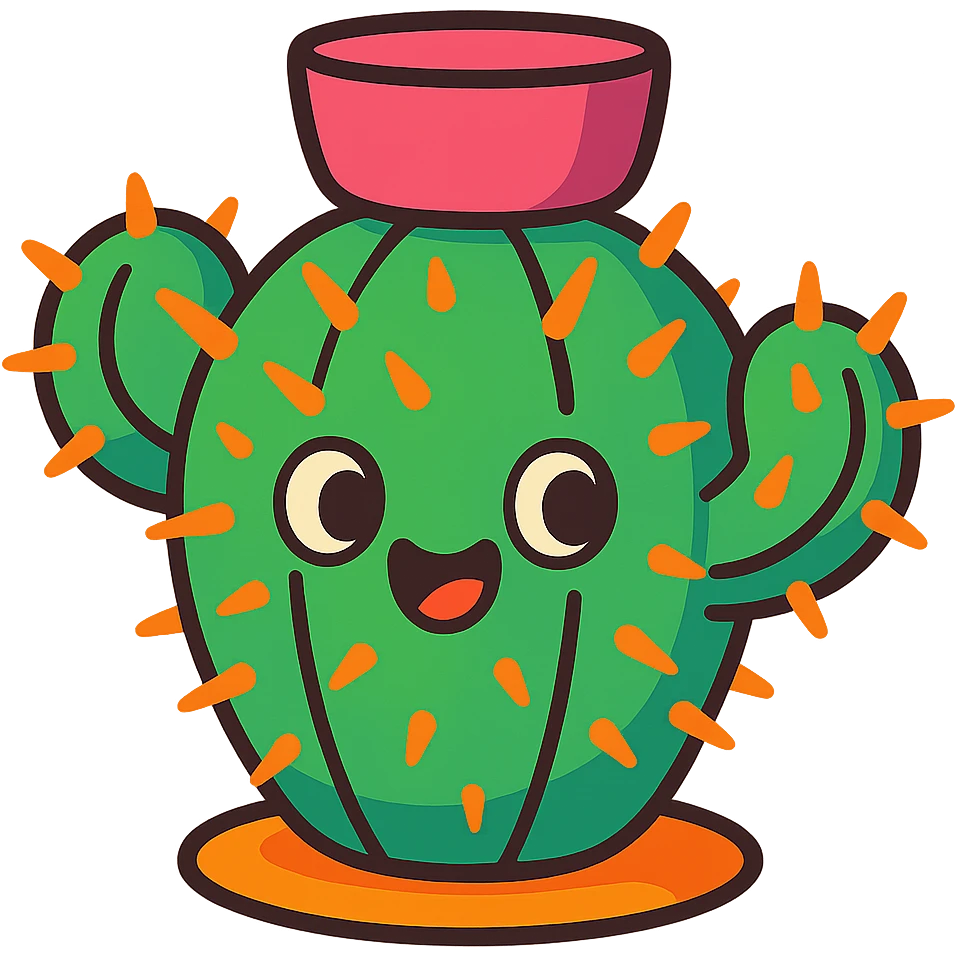 colorful cartoon cactus plant with spines, rounded shape, friendly expression emoji