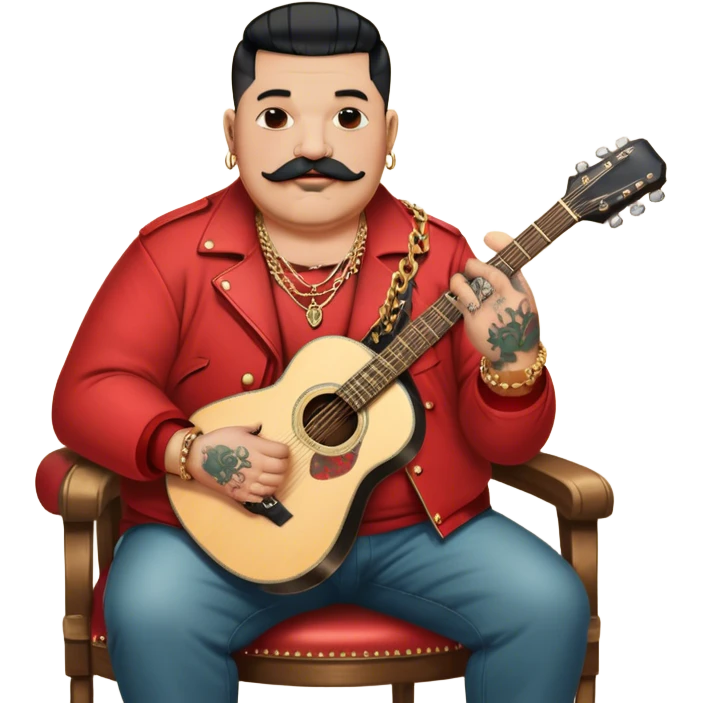 Icon for Chanson: Old fat chanson singer with tattoos and short moustache, red jacket, gold chains and braslettes, sitting on a chair with an acoustic guitar and standing microphone. The atmosphere should reflect a nostalgic, soulful vibe with vintage elements. Transparent background. emoji