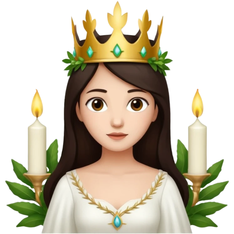  saint lucia with dark brown hair with a white gown and a crown made from greenery with candles on the crown emoji
