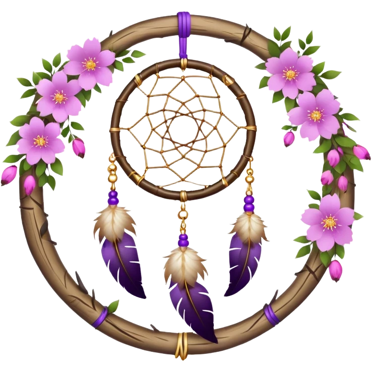 A white-birch-circle-framed Dreamcatcher. with purple-round-orbs, gold-rings hanging down. purple flowers, pink sakura flowers, emoji