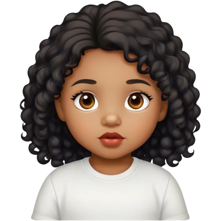 medium brown skin tone, very adorable toddler, with big plump lips, long long lashes, black curly long hair, brown eyes, white shirt emoji