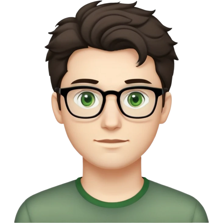 young man with pale skin, dark tall voluminous slightly wavy hair styled up high on head but not curly, wearing glasses with green eyes and very light stubble, with a slight smile emoji