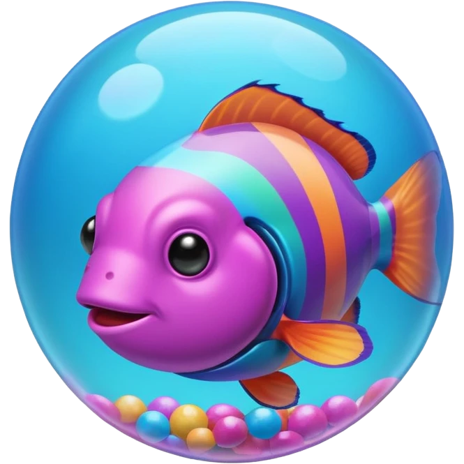 cyan blue, purple and pink coloured gradient gooball, with a rainbow-coloured gradient clownfish in the center inside emoji