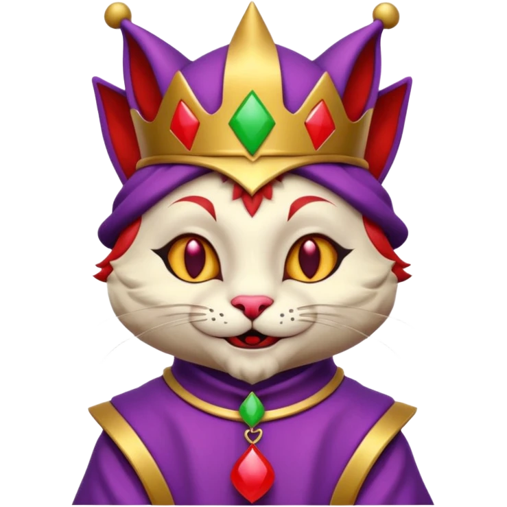 crazy colorful cute little cat jolly joker from poker, medieval, vintage, court jester, mac os icon, purple, gold and red color, half body emoji