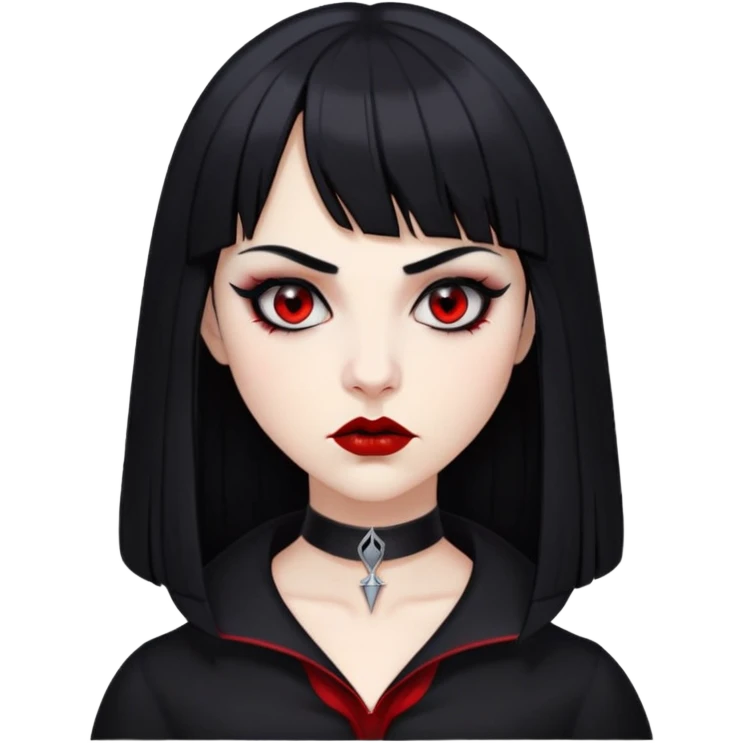 pale woman with black long straight black hair red sleepy eyes with black eyeliner black lipstick vampire teeth straight short bangs serious expression with thin black eyebrows nose piercing black clothe  emoji