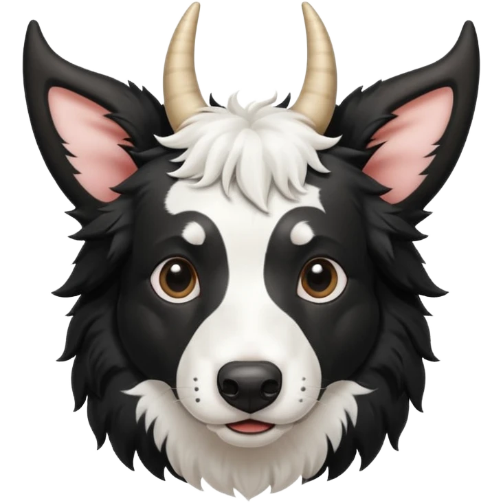 A black and white border collie has a cow's horns. emoji