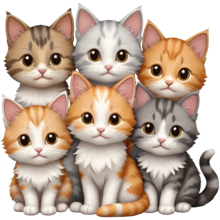 6 tiny kittens cuddling together all various different natural colours including grey and white, ginger and white, calico, grey, and brown tabby and white emoji