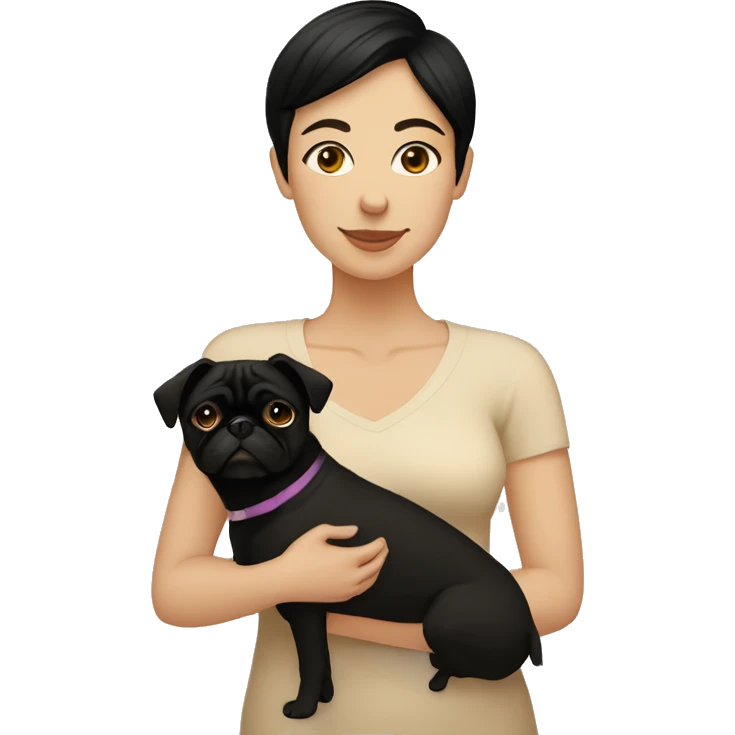 Lesbian woman Black short hair causacian sking hugging a pug color beige emoji