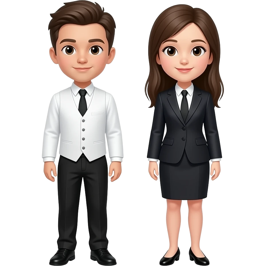 2 kids, 1 boy and 1 girl, the boy wearing a white suit and vest and  black  pants, and she wearing a black shoe, the girl is wering a suit and emoji