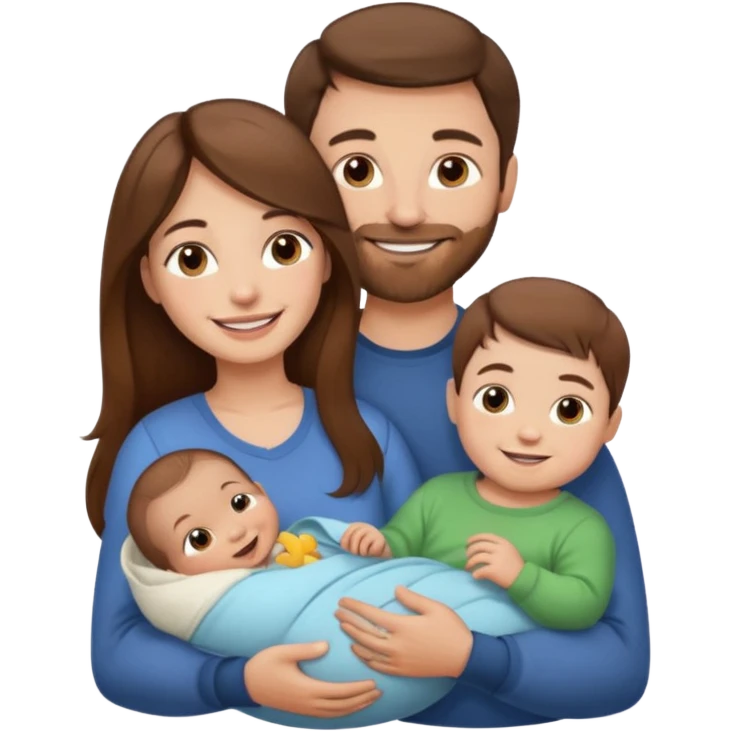 "Woman with long brown hair and fair skin holding a baby. And man with short brown hair and fair skin, without a mustache, holding a child. Smiling." emoji