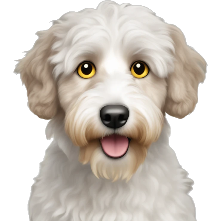 White and beige aussiedoodle with yellow eyes emoji