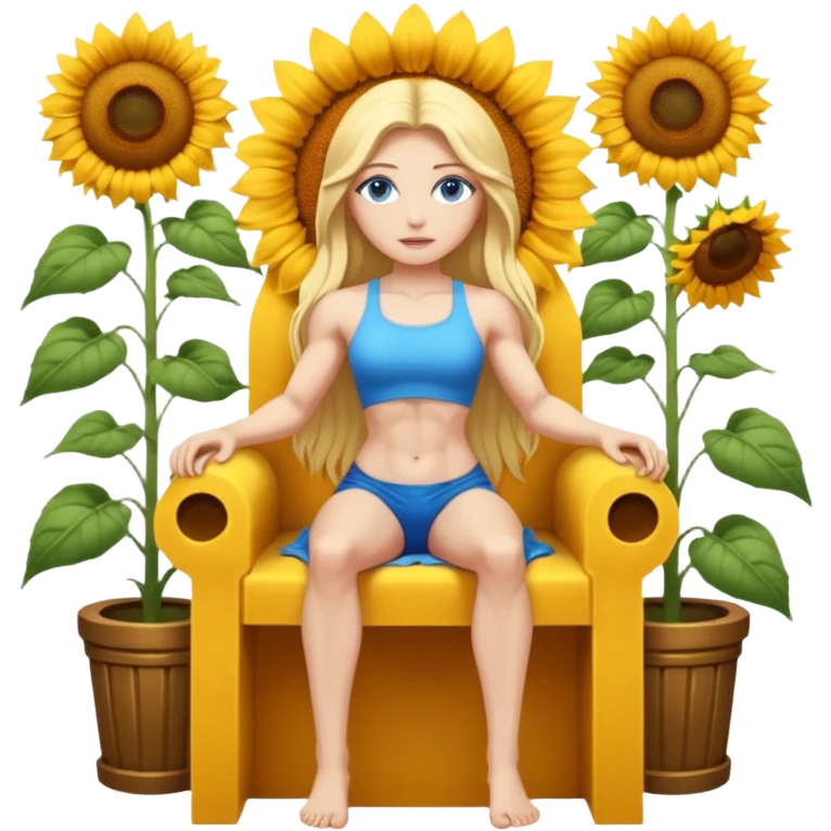 full body woman long blonde hair blue eyes white skin muscular build inside sunflower throne emoji