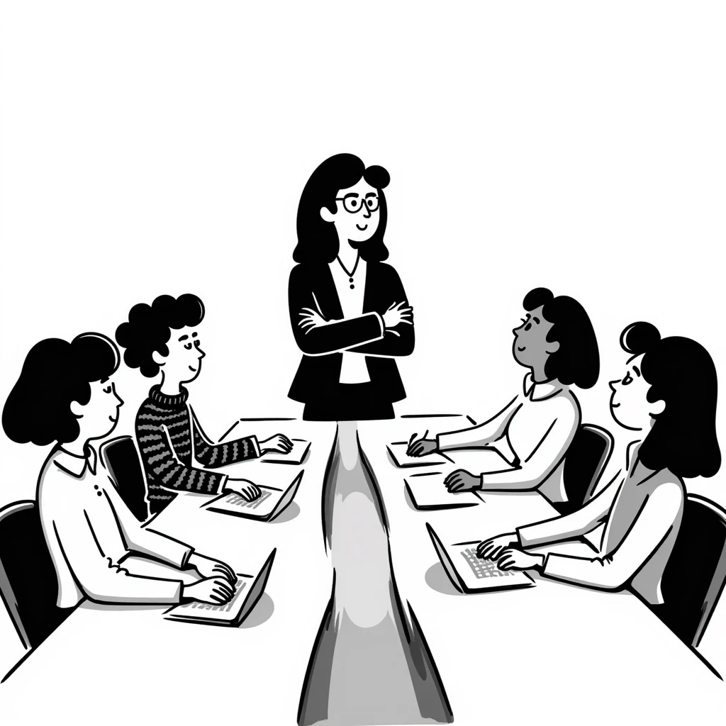 Executive employer at head of meeting table with team emoji