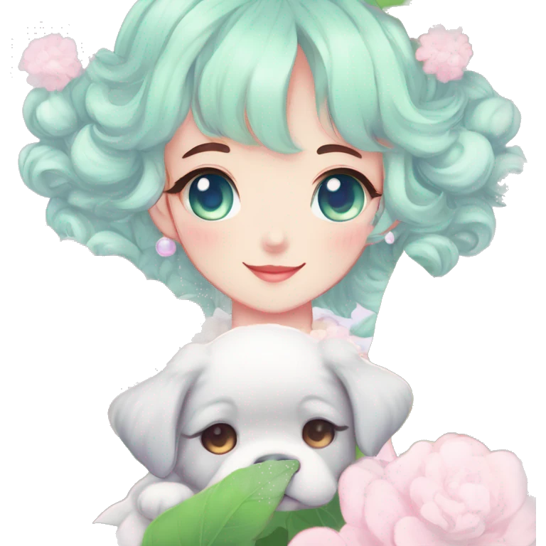 Gorgeous pastel anime style lady with blushing face and puppy ears cottagecore fairycore pastelcore colorful pearly romantic simplistic aesthetic trending style emoji