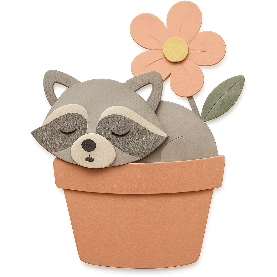 sleepy raccoon inside a flower pot, pastel earthy colors, paper-craft style emoji