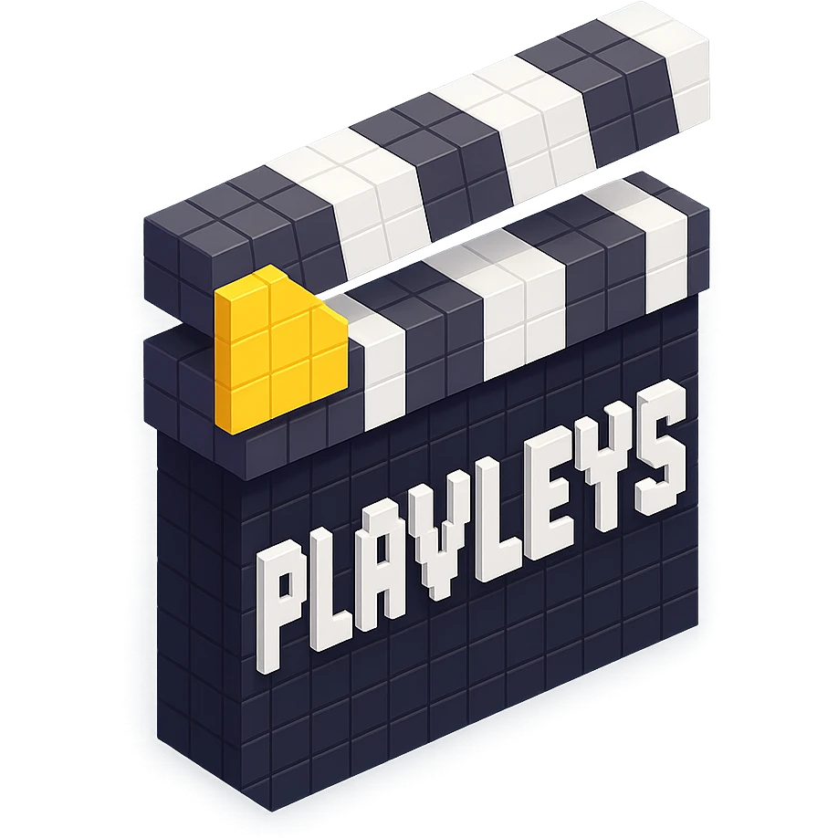 voxel style movie clapperboard with the text 'PLAVLEYS', black body, white lid, isometric view emoji