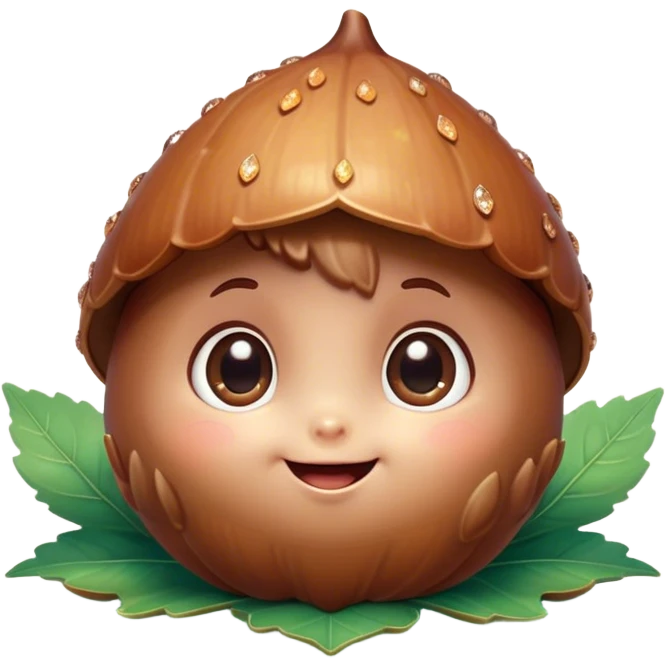 Cinematic tiny happy acorn, glossy brown, soft glowing highlights, tiny adorable face with big sparkly eyes, sitting on a pastel leaf, warm and cheerful. emoji