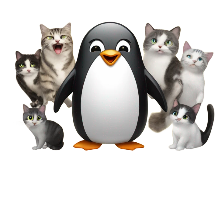 A penguin singing with a crew of cats  emoji